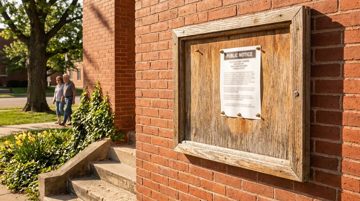 Public Notice document posted on outdoor wooden bulletin board mounted on brick building