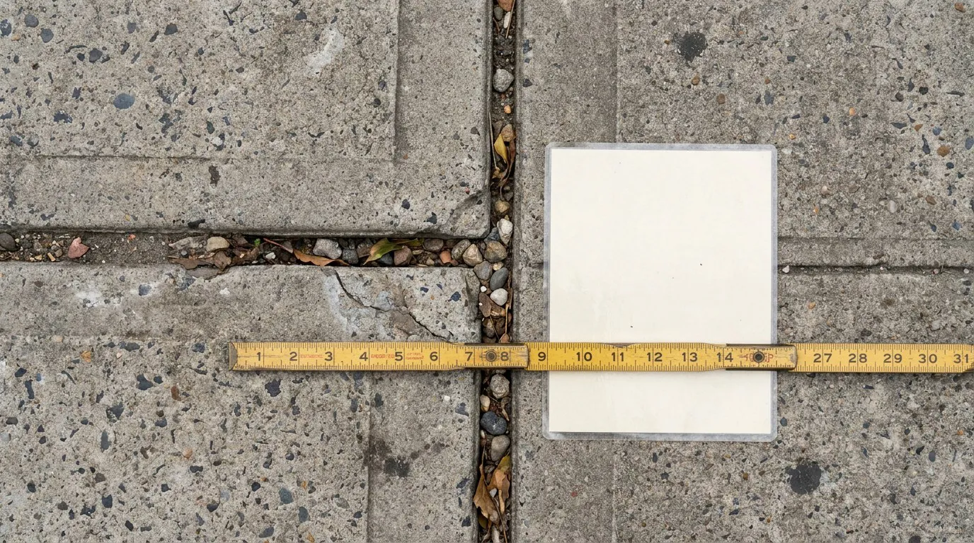 measuring tape placed across cracked sidewalk gap with debris and scale card