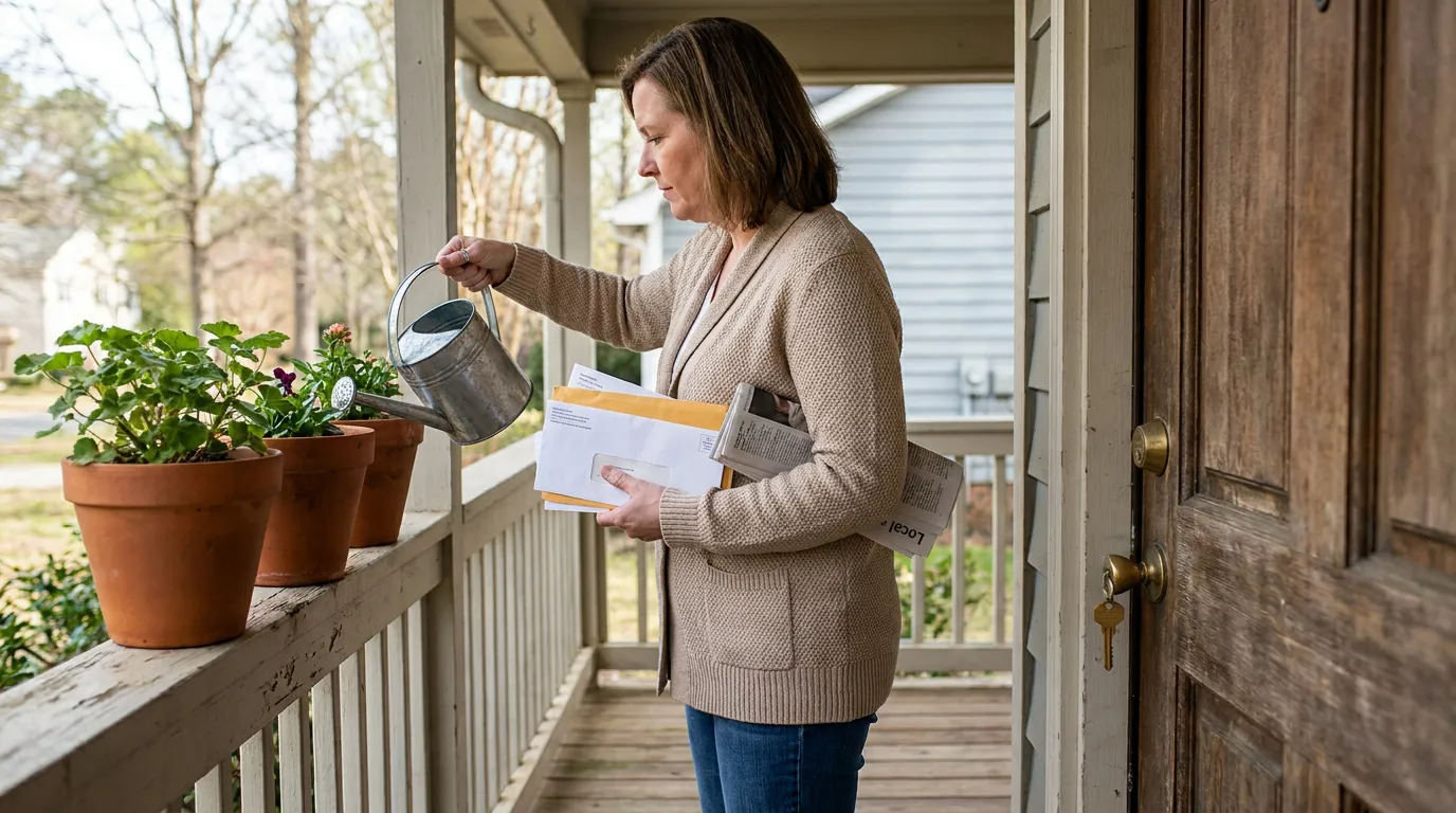 Woman Watering Plants On Fort Mill Home Porch woman on home porch watering plants while holding mail and envelopes