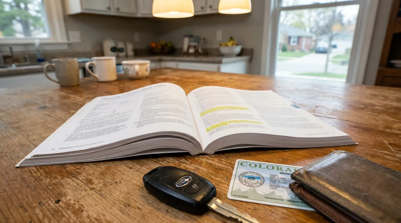 Colorado Personal Auto Policy Rideshare Exclusion Centennial Personal Auto Insurance Policy booklet open beside car key and Colorado vehicle registration card