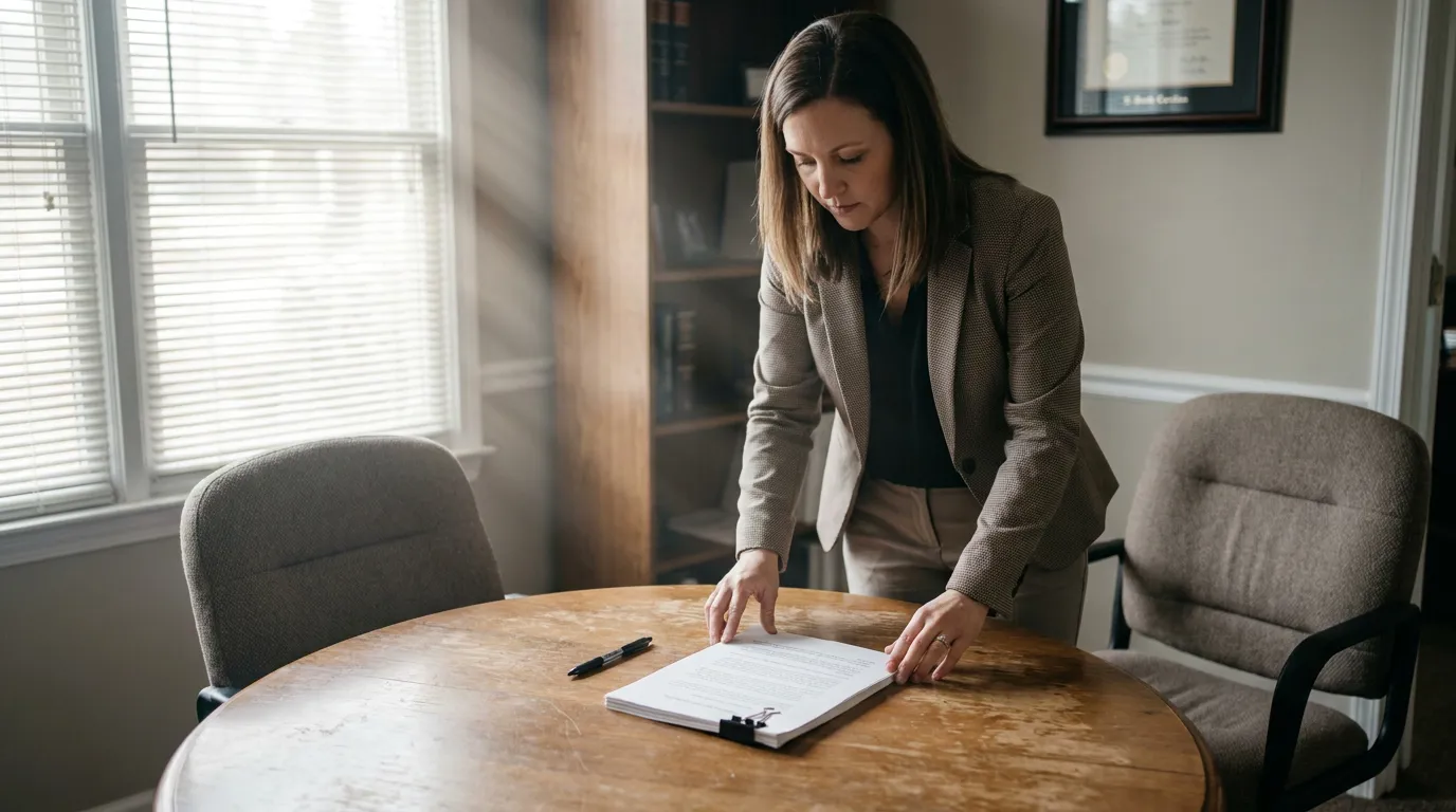 South Carolina Estate Attorney Reviewing Will Documents female attorney in blazer reviewing clipped legal documents on round office table