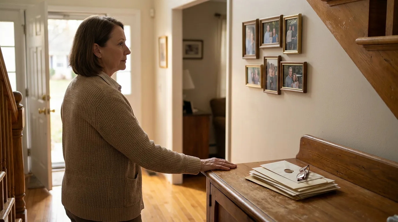 Widow Reflecting On New York Spousal Rights woman standing at home entryway table with envelopes and framed family photos