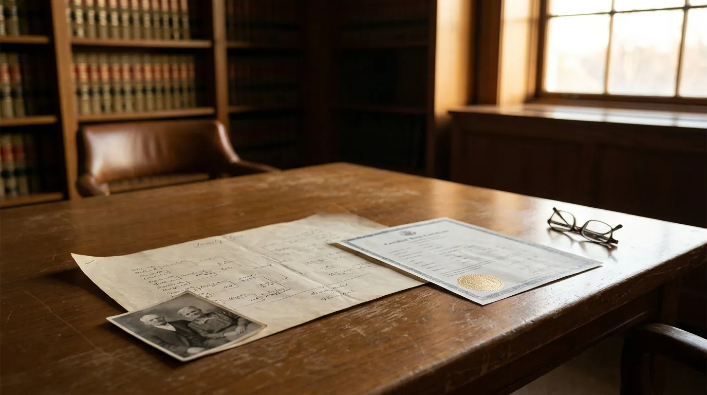 family tree document, certified certificate with gold seal, and eyeglasses on law office desk