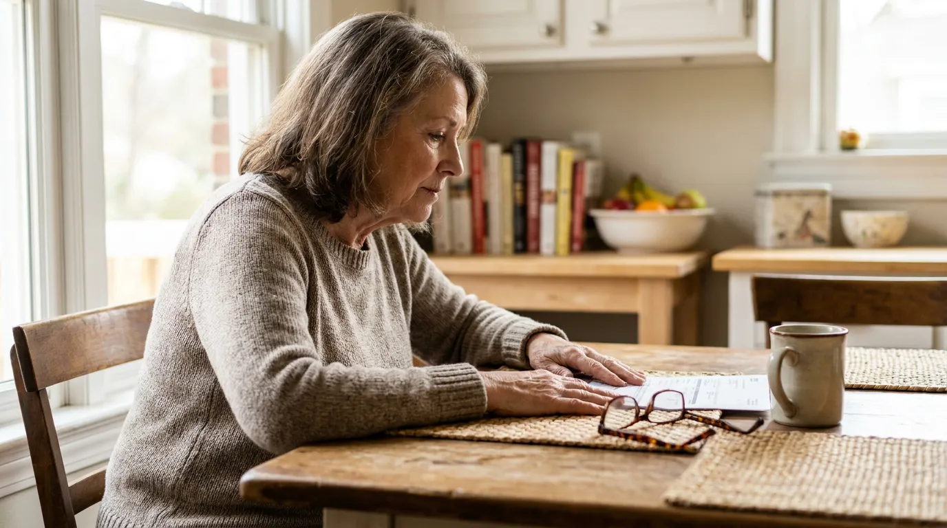 South Carolina Community Spouse Reviewing Medicaid Documents older woman seated at kitchen table reviewing document with glasses nearby