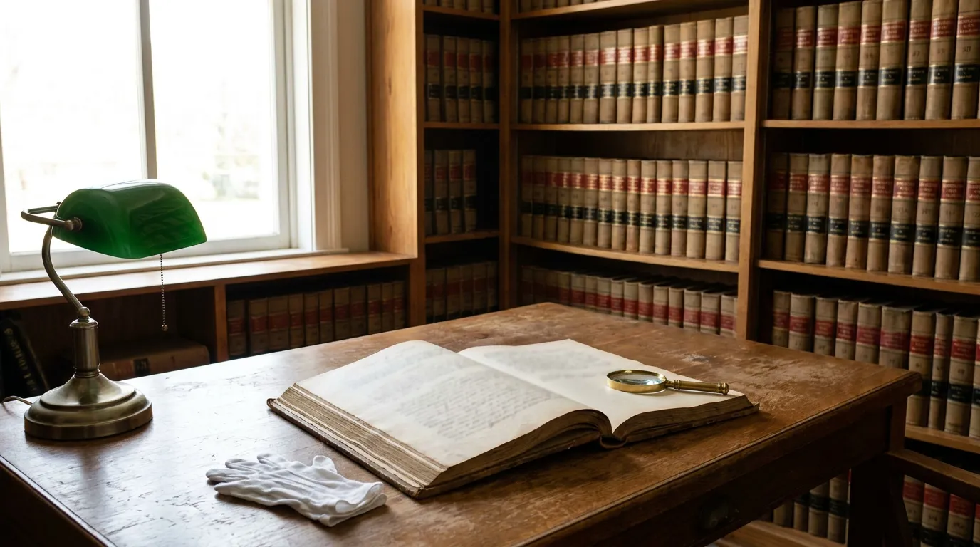 Tennessee Life Estate Deed Legal Library open legal tome with magnifying glass on wooden desk beside law library shelves