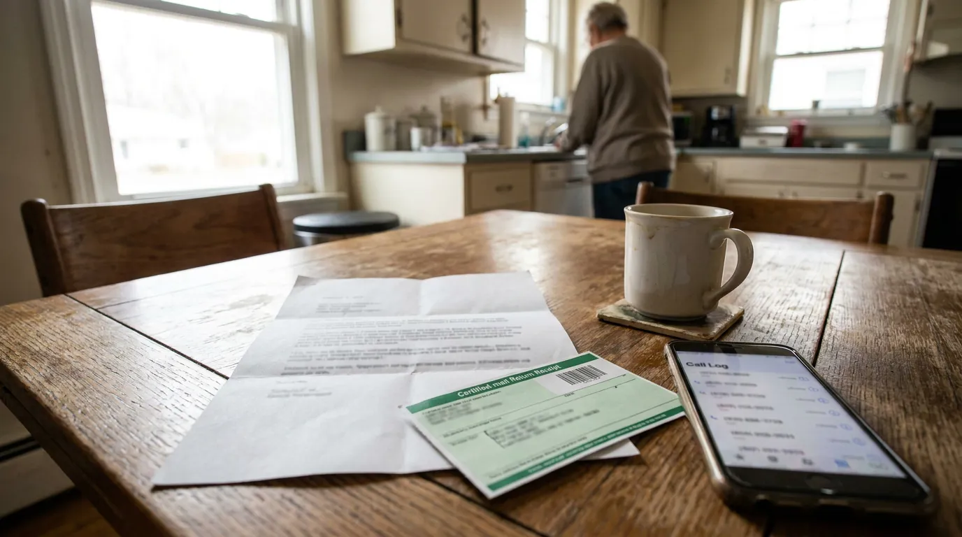certified mail return receipt and call log on kitchen table with elderly person in background