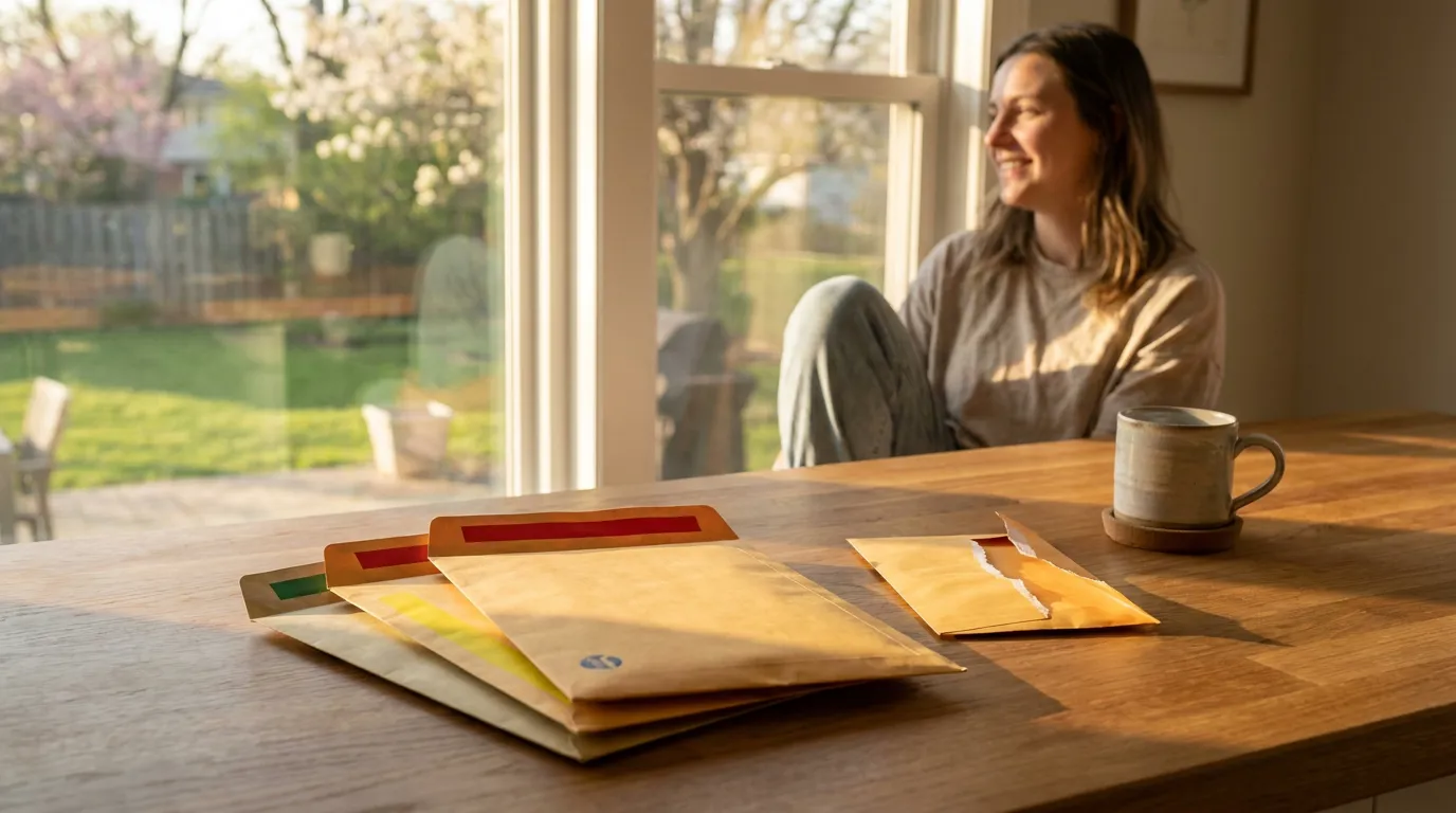 smiling woman seated near window with opened legal envelopes on wooden table