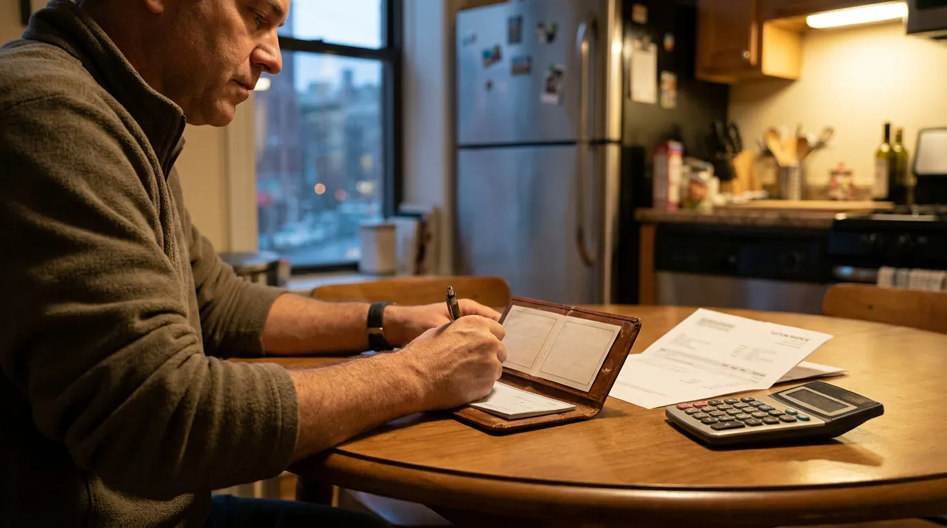 man writing check at kitchen table with calculator and documents nearby