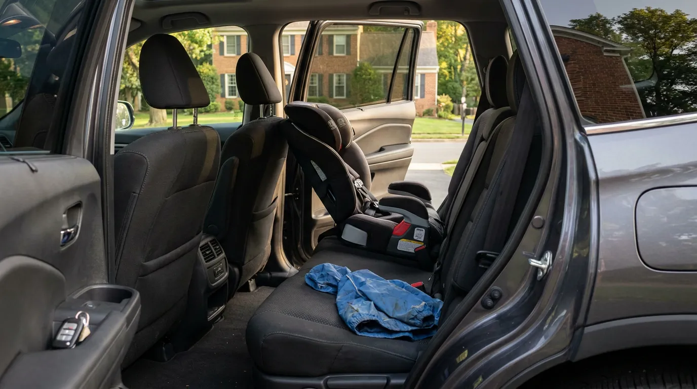 child safety seat installed in SUV rear seat with open door