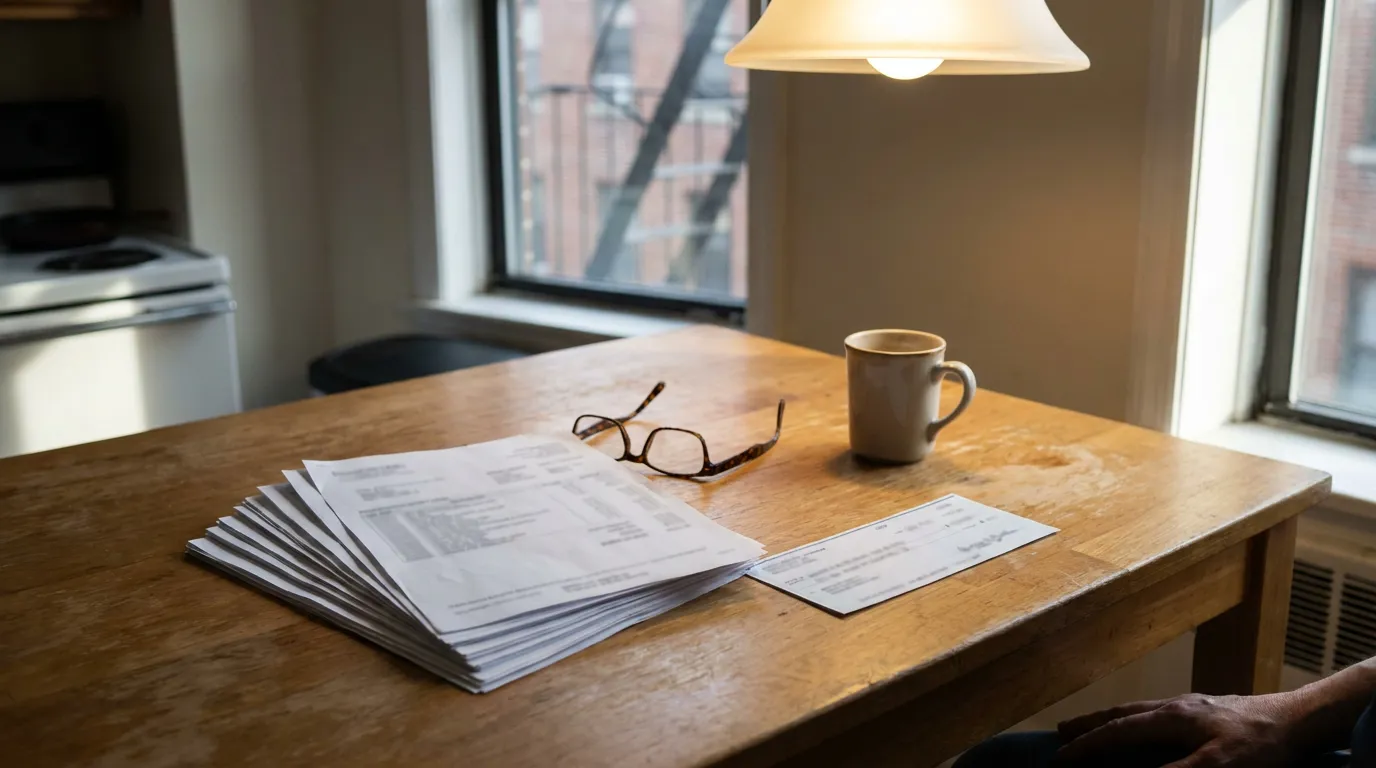 stack of legal documents and eyeglasses on wooden kitchen table with coffee mug