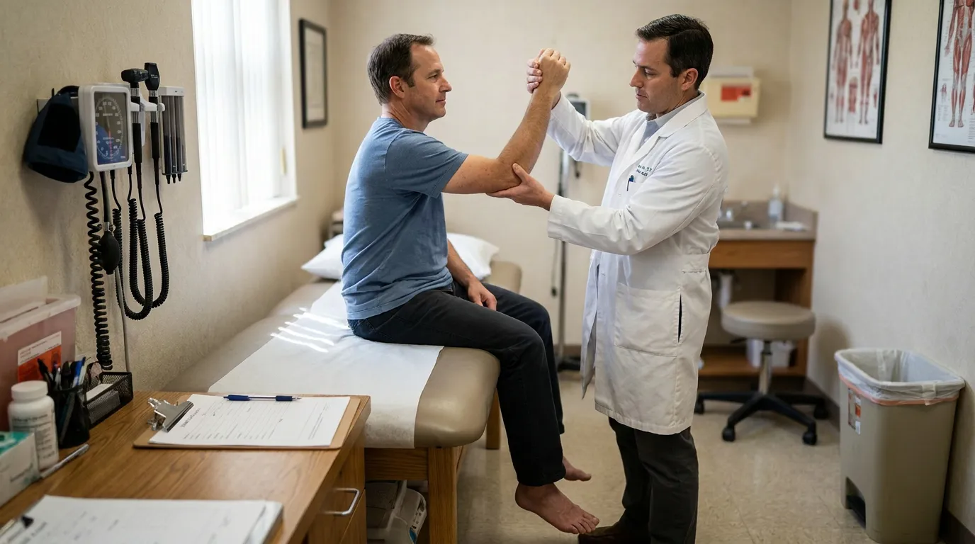 Independent Medical Exam Centennial Car Accident Patient physician in lab coat examining seated patient's arm in medical examination room