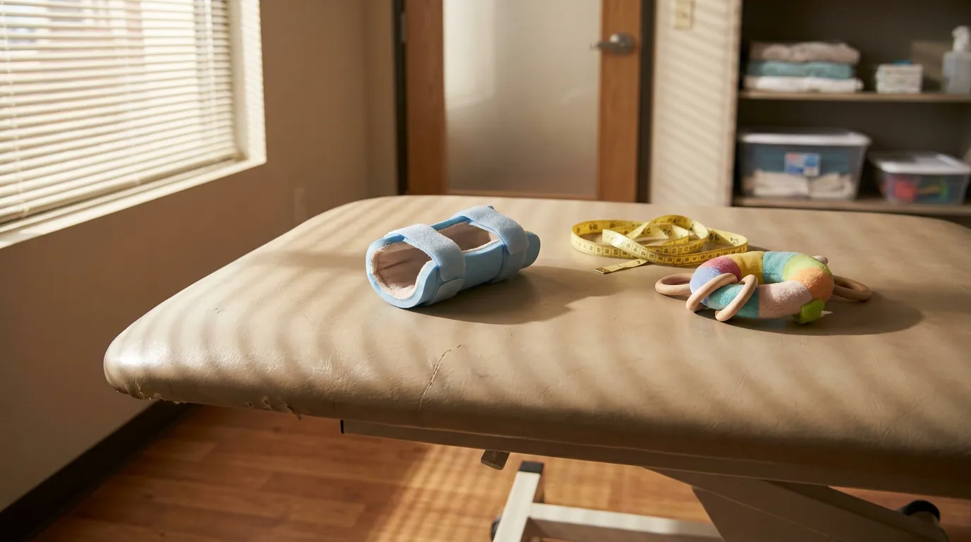 pediatric orthotic brace, measuring tape, and infant toy on medical examination table