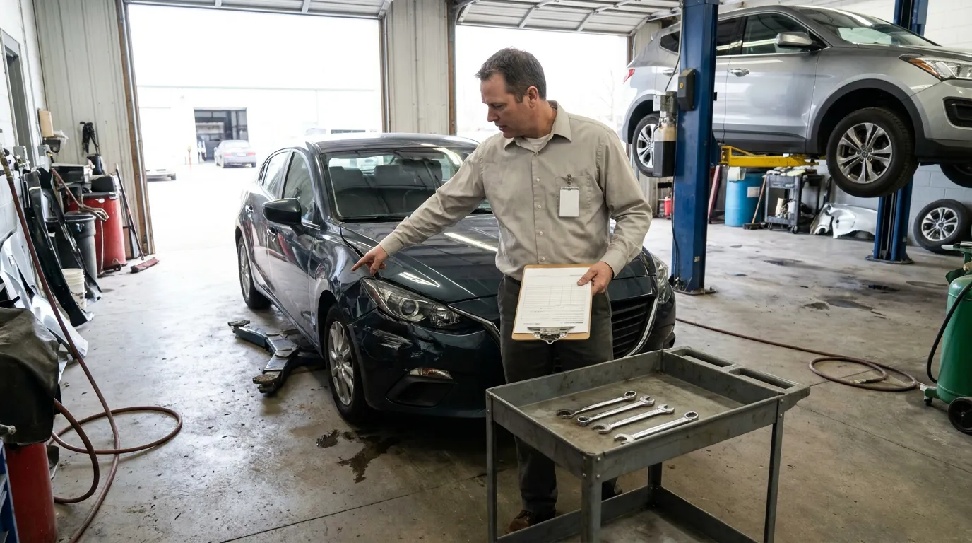 Centennial Colorado Auto Damage Inspection UIM Claim inspector holding clipboard pointing at damaged sedan in auto repair shop