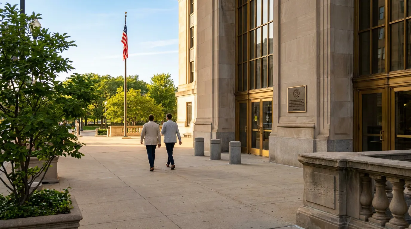 two attorneys in suits walking toward federal courthouse entrance with American flag