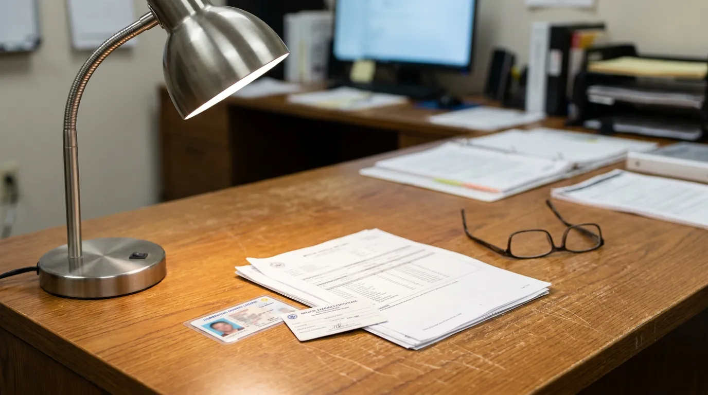 Centennial Truck Driver Qualification File Documents office desk with driver's license, legal documents, glasses, and desk lamp
