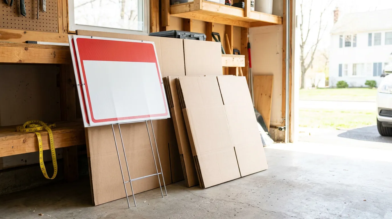 blank real estate yard sign on wire stand leaning against cardboard boxes in garage