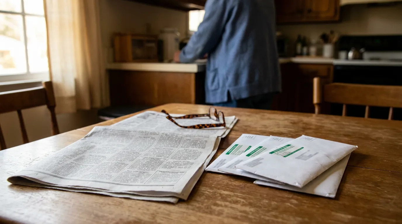 North Carolina Notice To Creditors Newspaper And Mailed Letters newspaper and envelopes with stickers on wooden kitchen table person standing nearby
