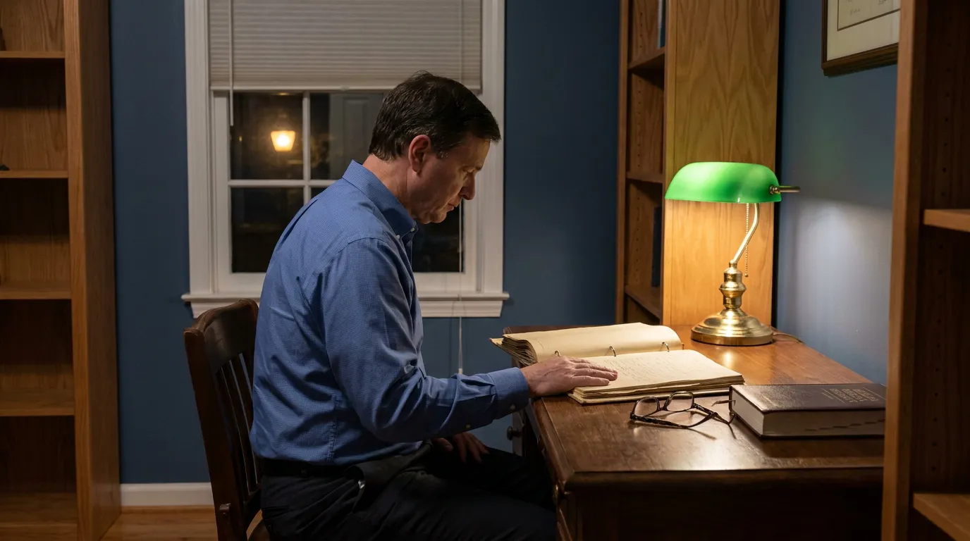 attorney reviewing open legal binder at wood desk with banker lamp