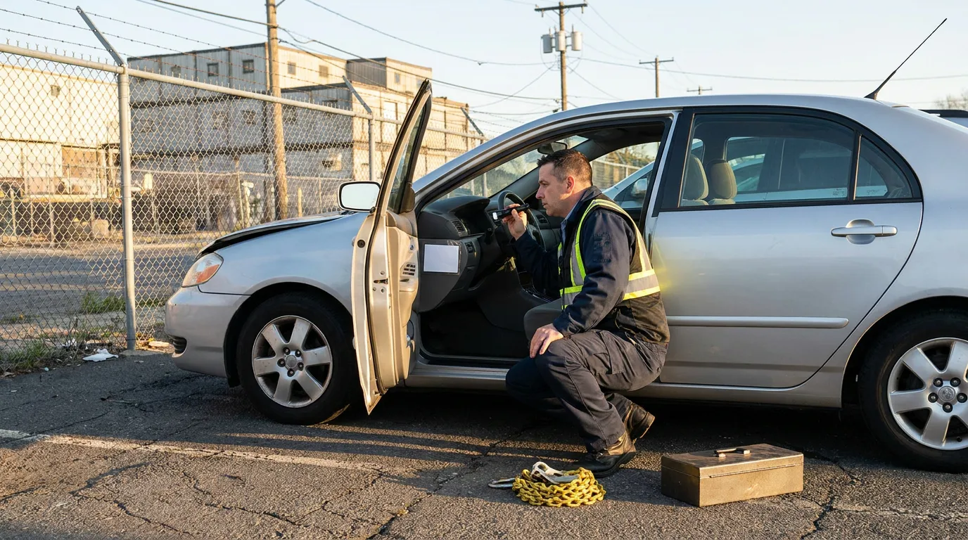 Technician Extracting Event Data Recorder New York Crash worker in safety vest crouching beside open car door with chain and toolbox