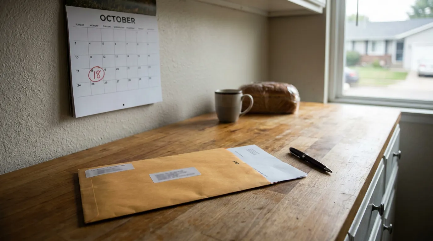 New York No-Fault IME Notice Deadline Calendar October calendar with circled date 18 beside mailed envelope and pen on wooden counter