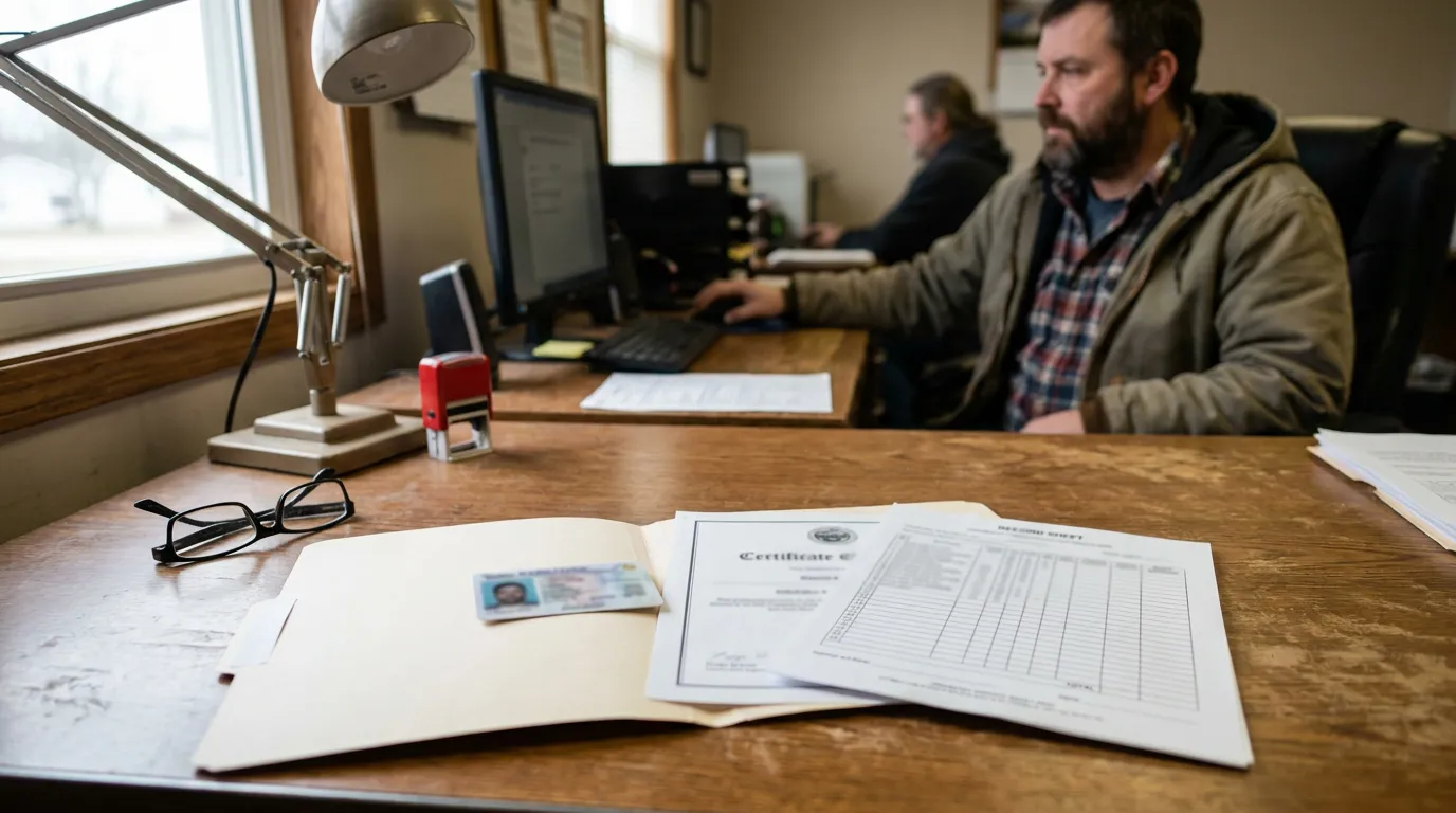open file folder with certificate, ID card, and record sheet on office desk