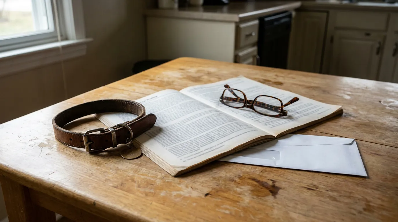 Dayton Homeowners Policy Dog Bite Exclusion Document leather dog collar, open policy document, eyeglasses, and envelope on wooden table
