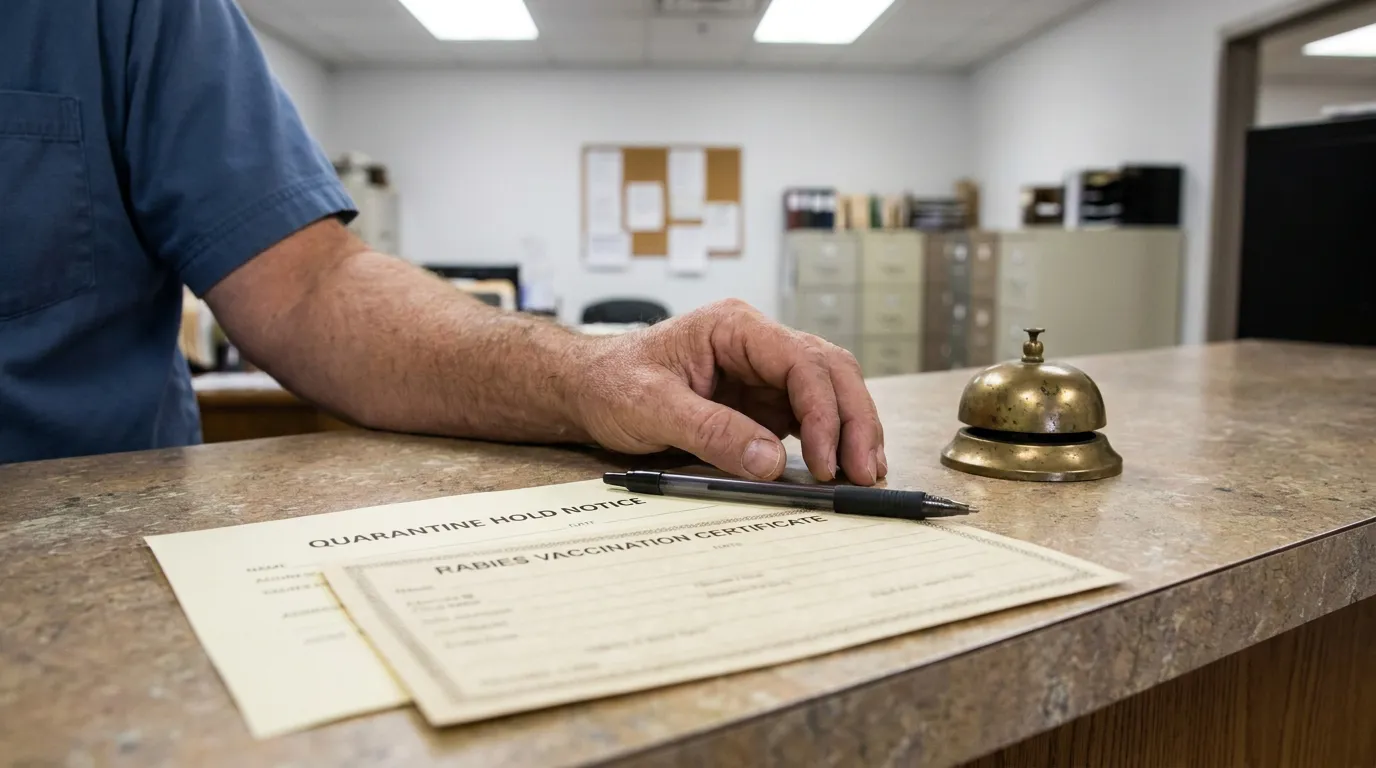 Dayton Ohio Dog Bite Quarantine Hold Notice Quarantine Hold Notice and Rabies Vaccination Certificate forms on office counter with service bell