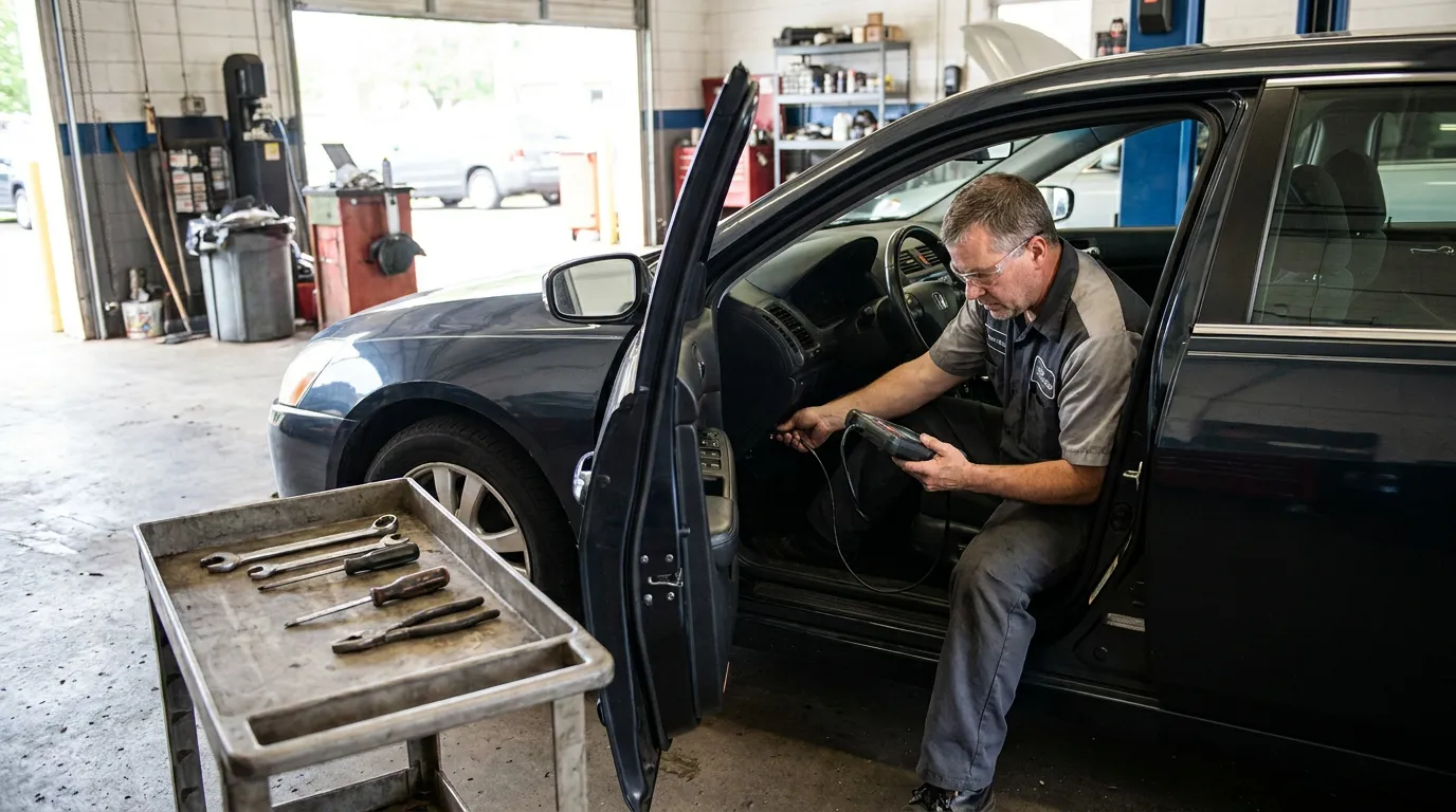 Mechanic Inspecting Airbag System Dayton Ohio mechanic using diagnostic scanner inside vehicle door at auto repair shop