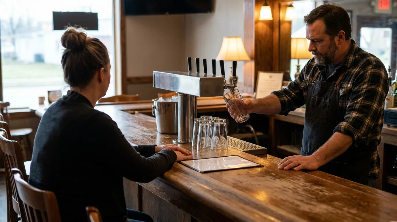 Dayton Ohio Bartender Serving Drink At Bar bartender handing glass to patron seated at wooden bar with draft taps