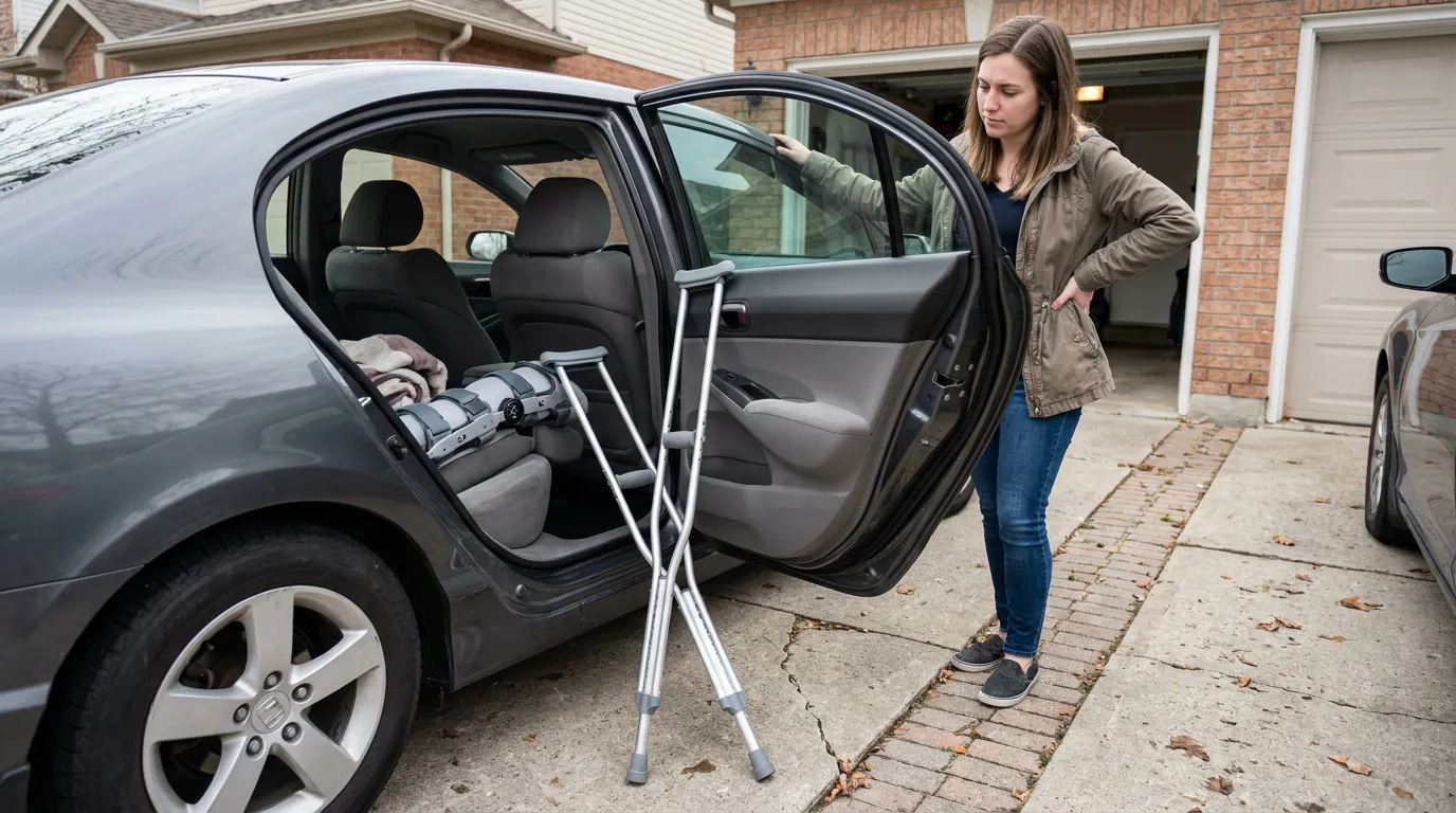 woman standing beside open car door with crutches and leg brace visible