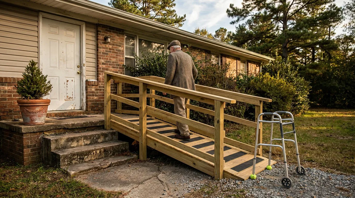 Elderly Man Using Home Wheelchair Ramp North Carolina elderly man walking up wooden accessibility ramp toward brick home entrance with walker nearby