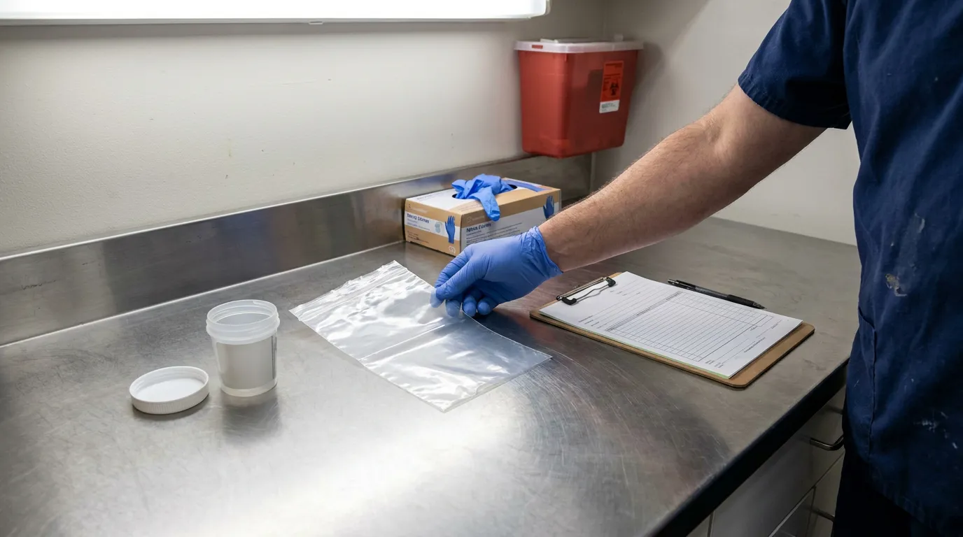 gloved technician handling specimen bag beside urine cup and clipboard on steel counter