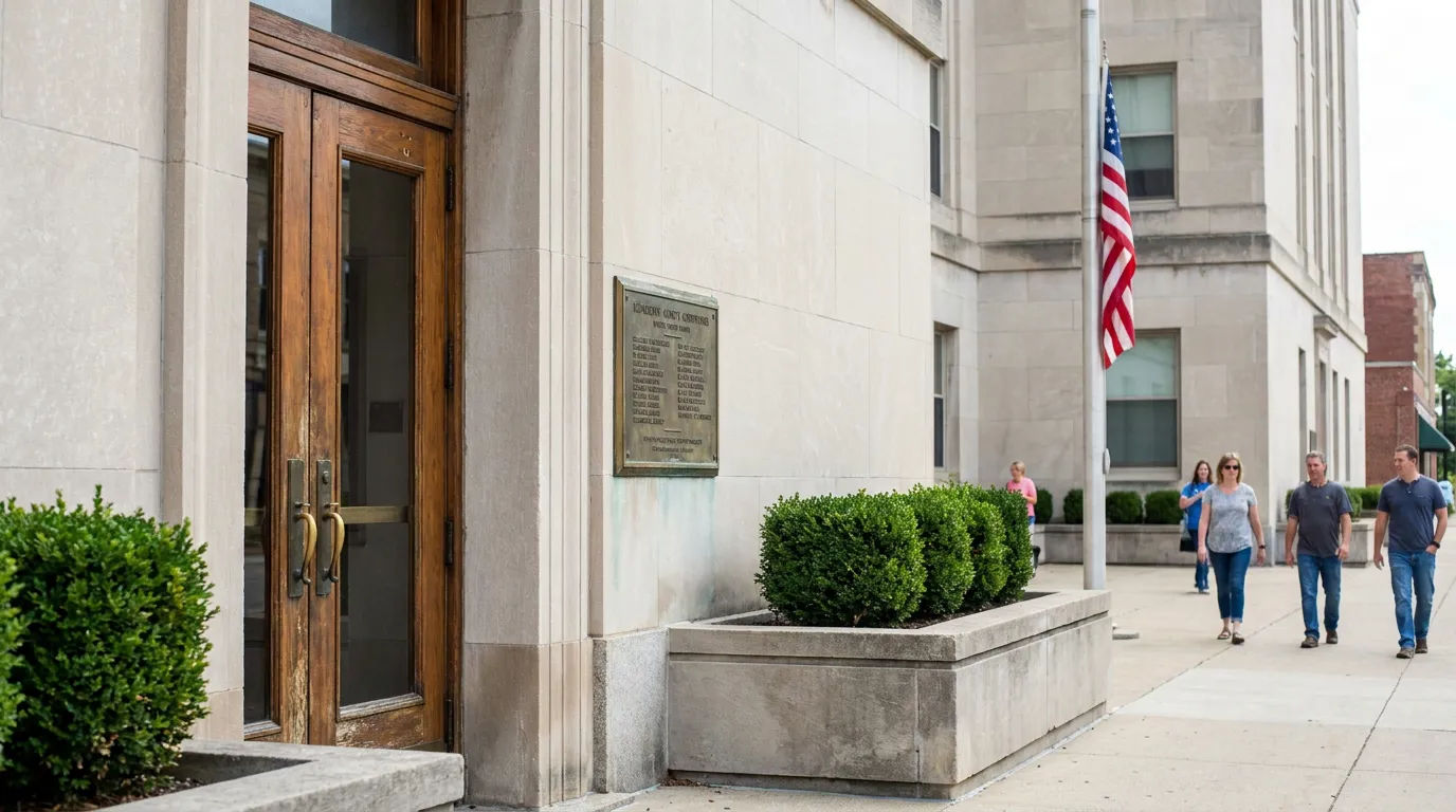 Montgomery County Probate Court Building Dayton Ohio Henderson County Courthouse exterior entrance with bronze plaque and American flag