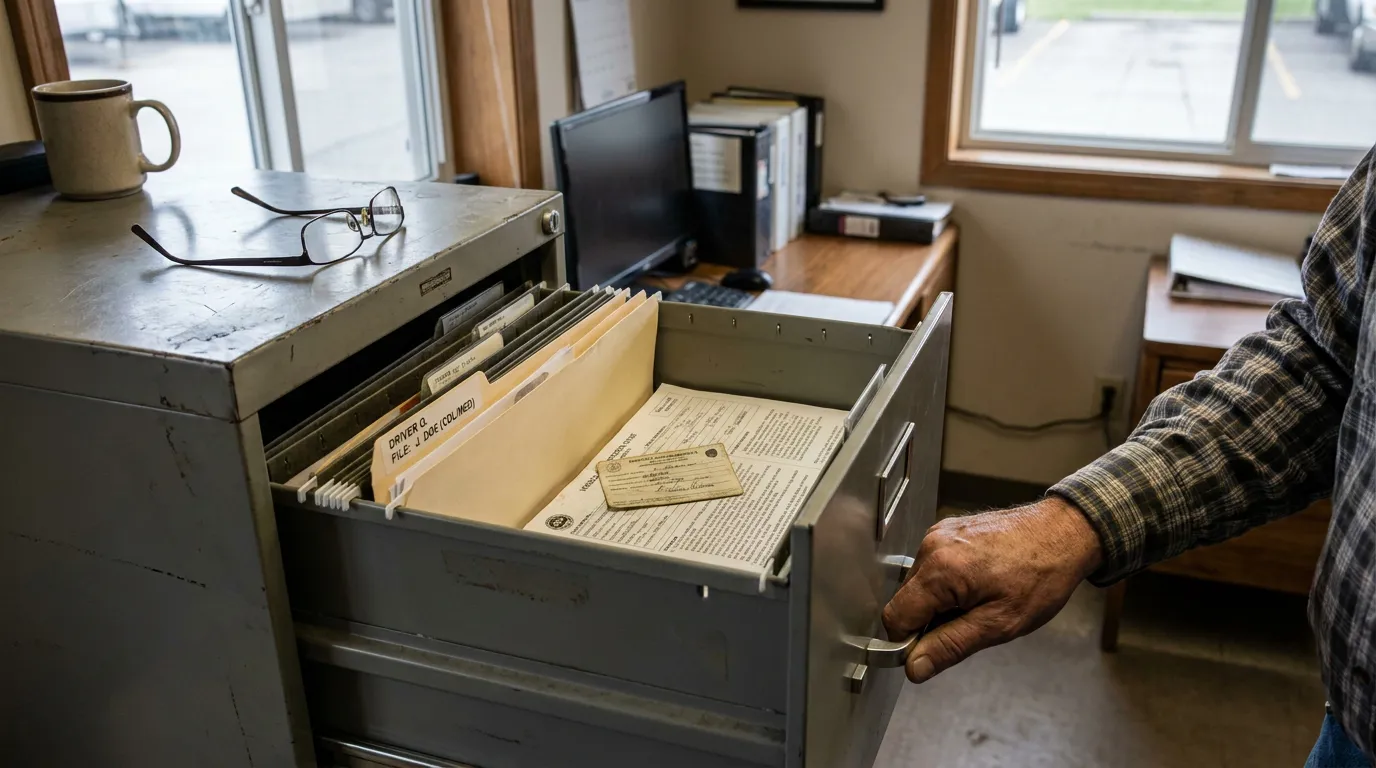 person opening filing cabinet drawer containing driver file labeled J. Doe documents