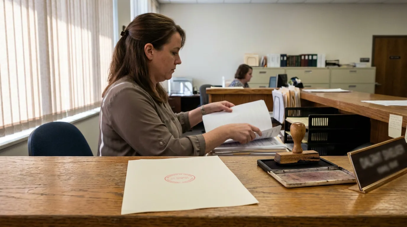 court clerk reviewing legal documents at desk with official stamp and ink pad