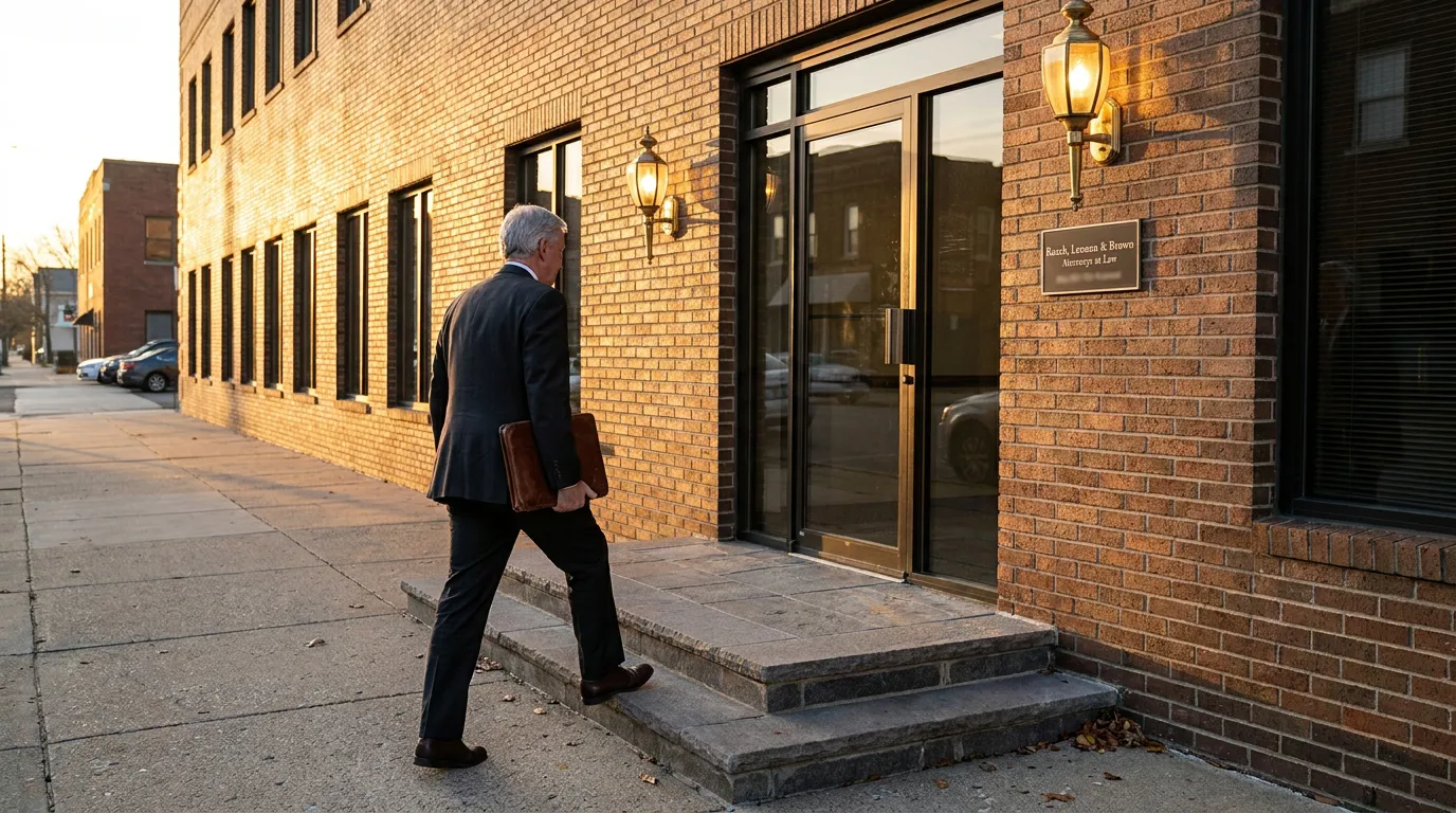 Buffalo LLC Attorney Entering Roach Lennon Brown Office suited attorney carrying briefcase entering law firm building with exterior signage