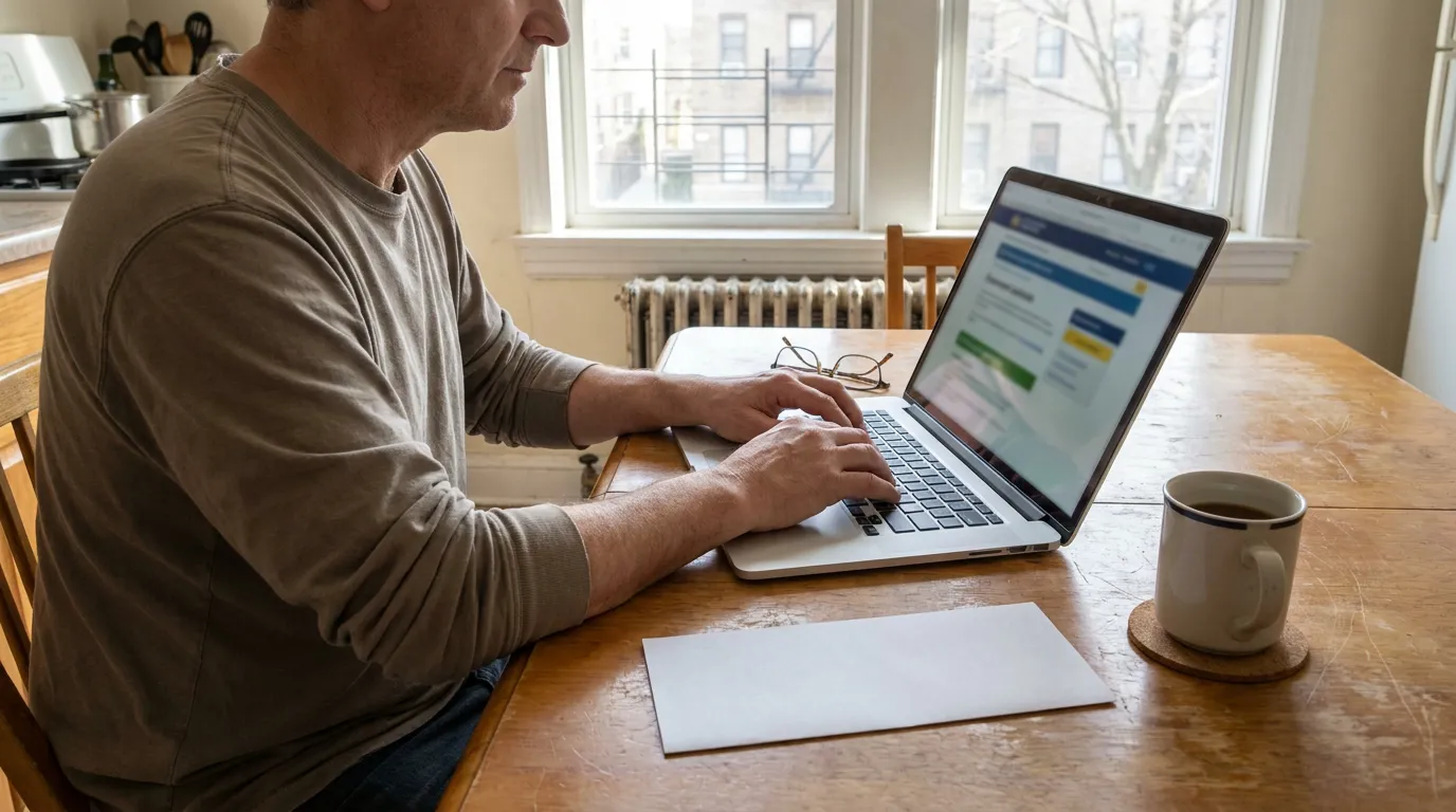 man typing on laptop at kitchen table with paper document and coffee mug
