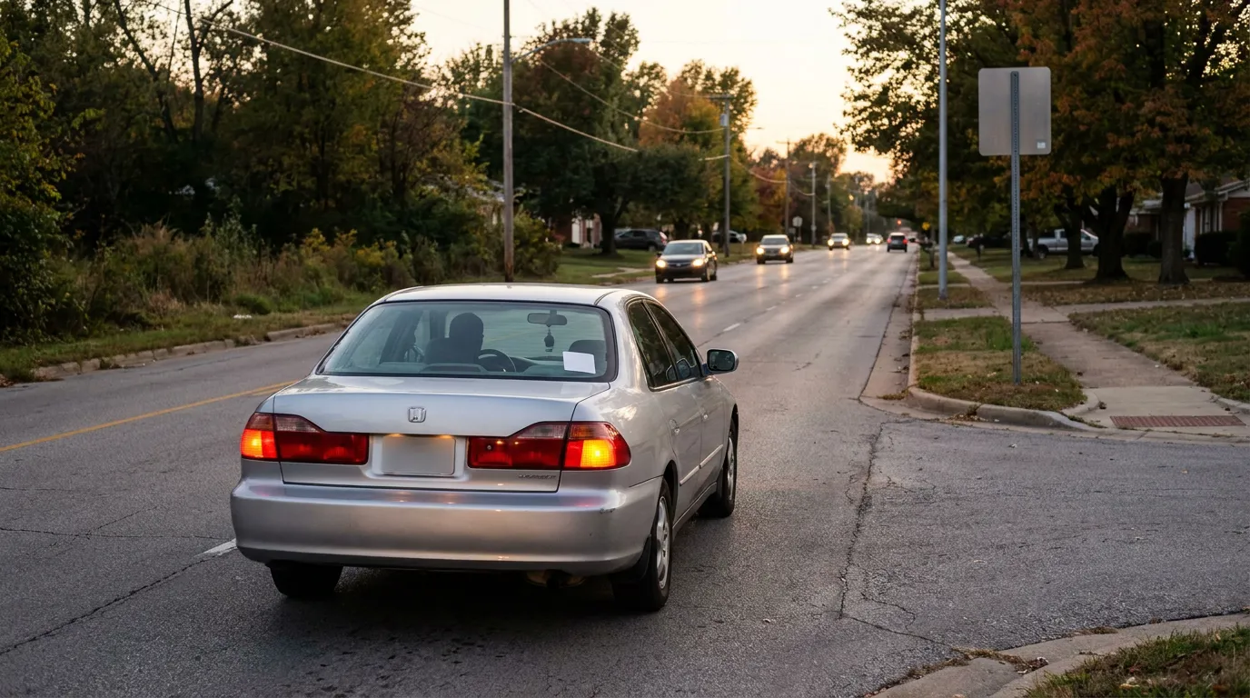 Honda sedan driving on residential street with oncoming traffic at dusk