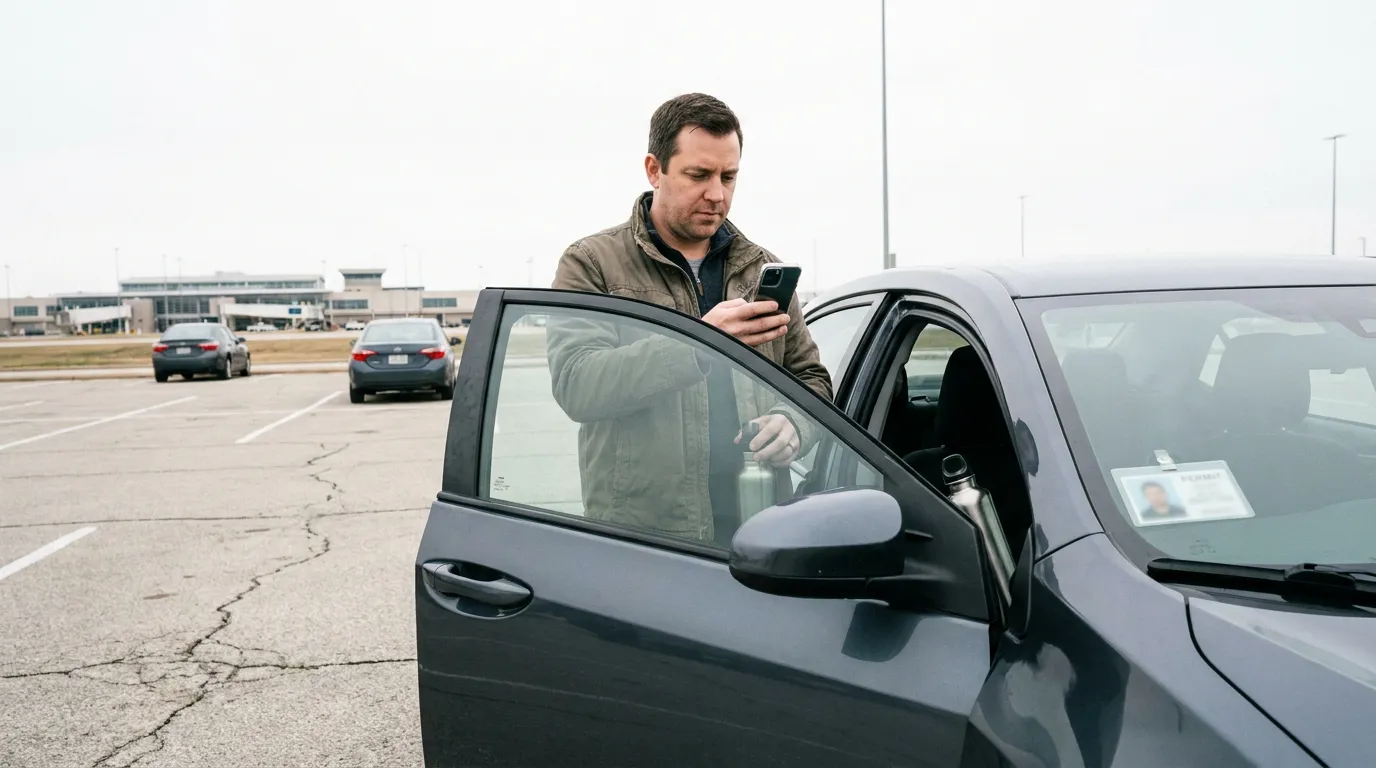rideshare driver checking smartphone beside open car door at airport parking lot