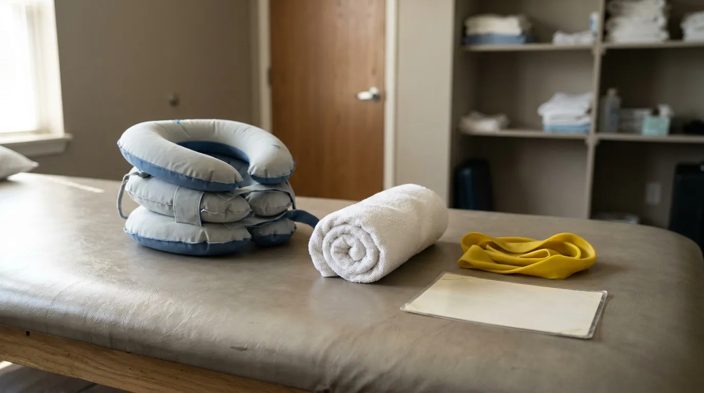 physical therapy table with neck pillows, rolled towel, and resistance band