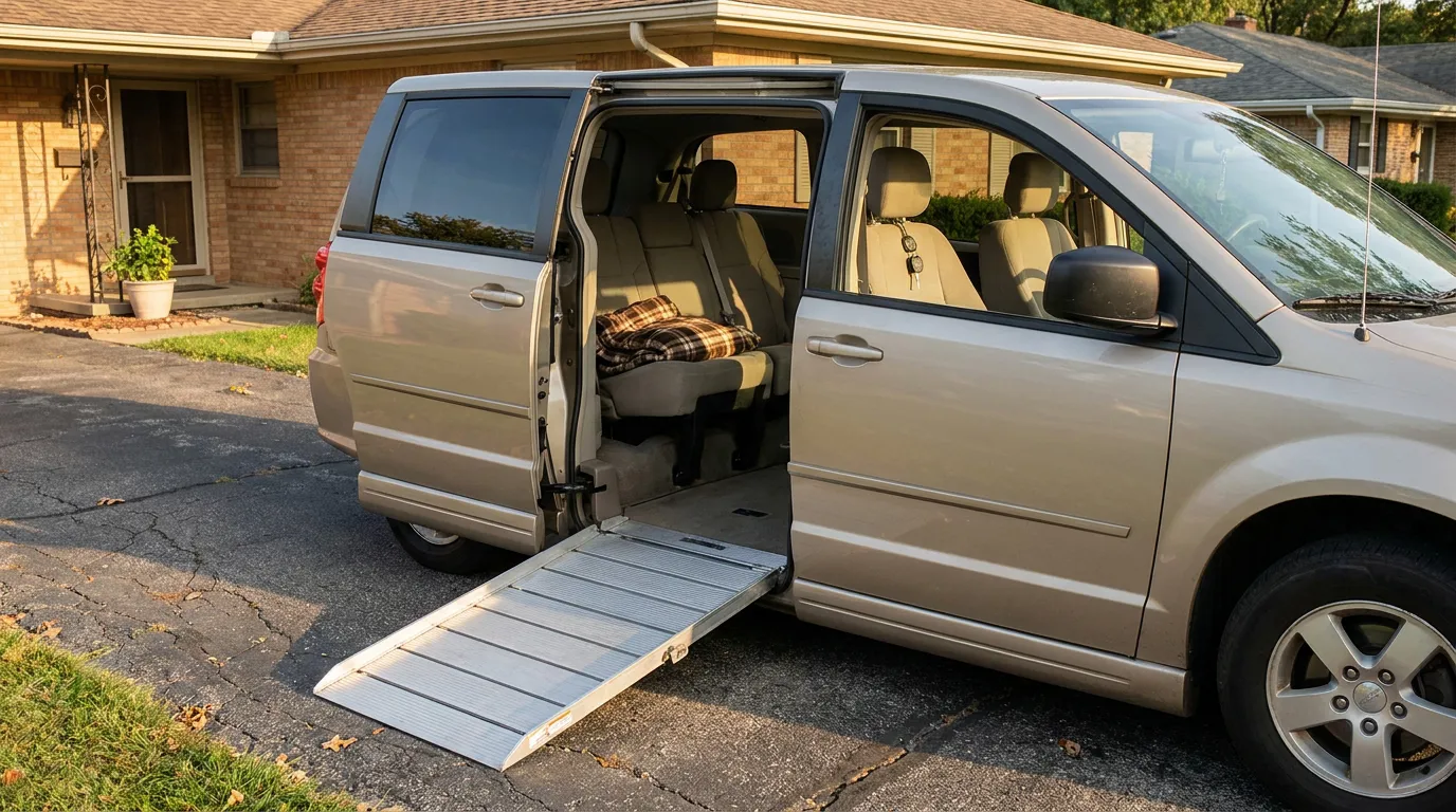 Wheelchair Accessible Van Buffalo Special Needs Trust minivan with open sliding door and deployed wheelchair accessibility ramp on driveway