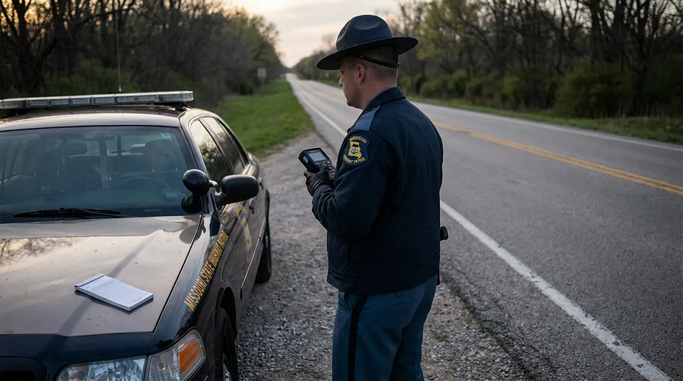 Missouri State Highway Patrol officer holding device beside patrol vehicle on rural road