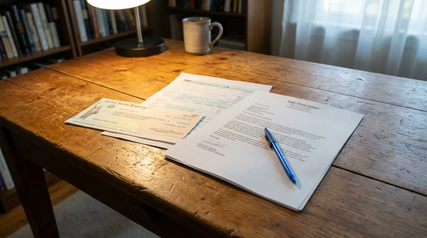 Law firm letter, United States Treasury check, and tax form on wooden desk
