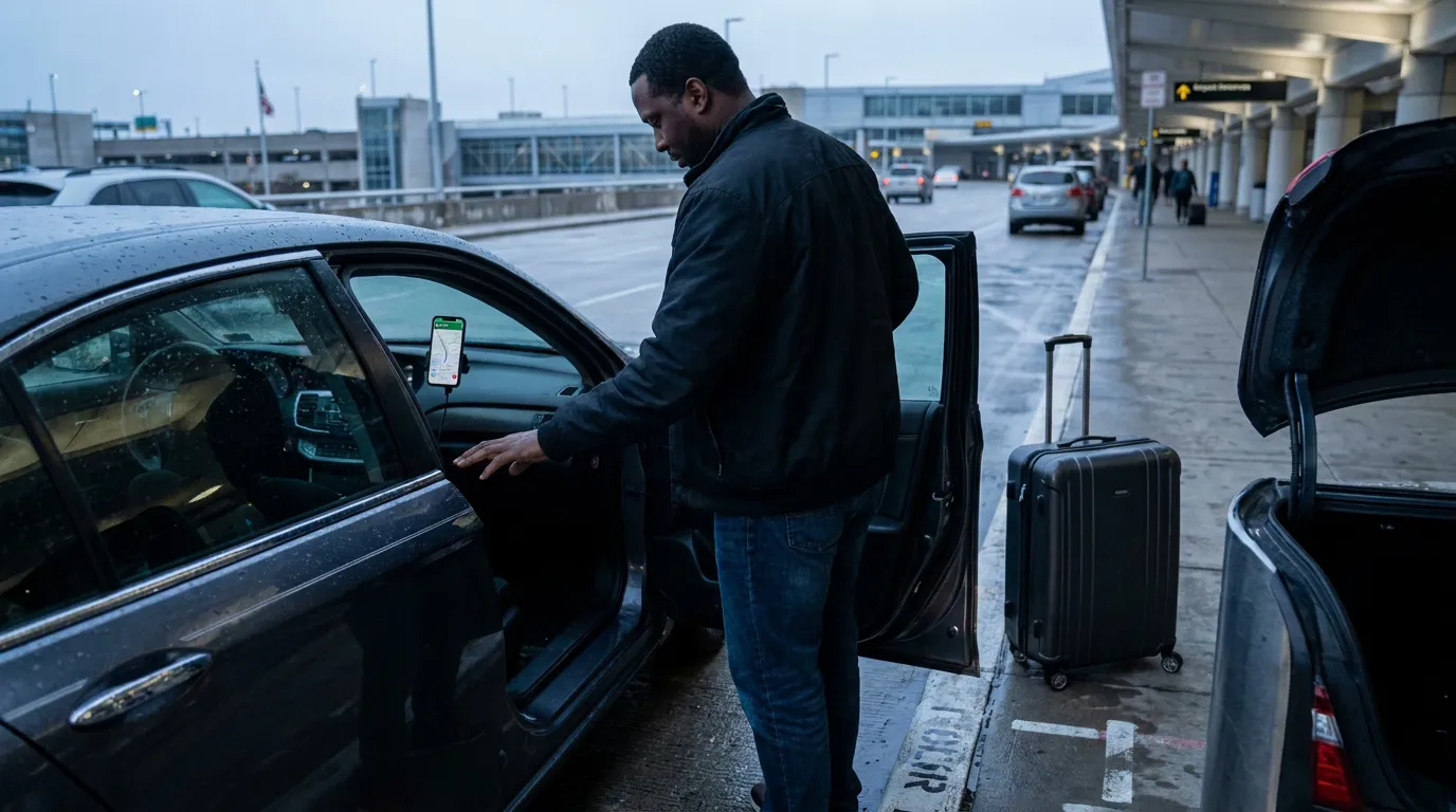 rideshare driver opening car door at airport pickup zone with luggage nearby
