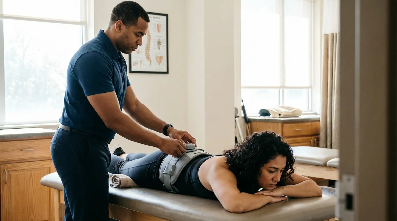 Columbus Herniated Disc Patient Physical Therapy Treatment physical therapist adjusting lumbar brace on patient lying on treatment table