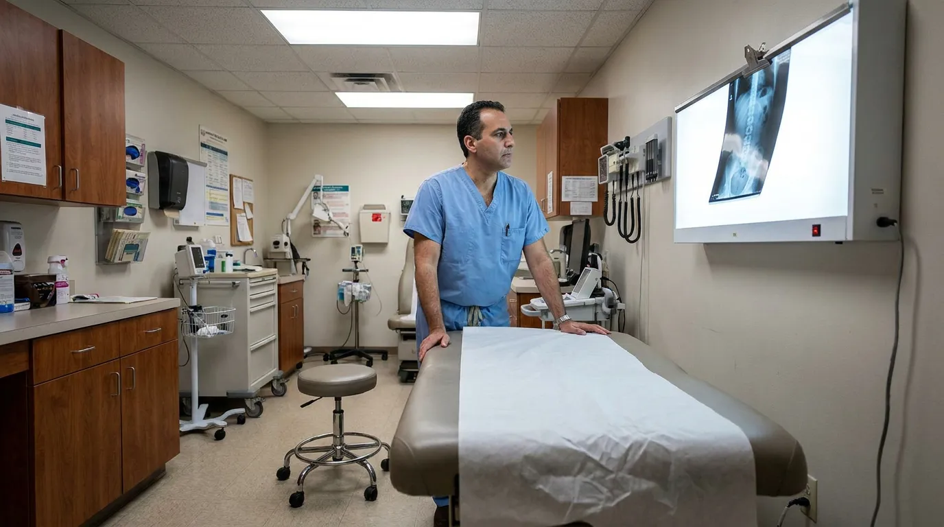 physician in scrubs standing beside examination table reviewing spinal X-ray display