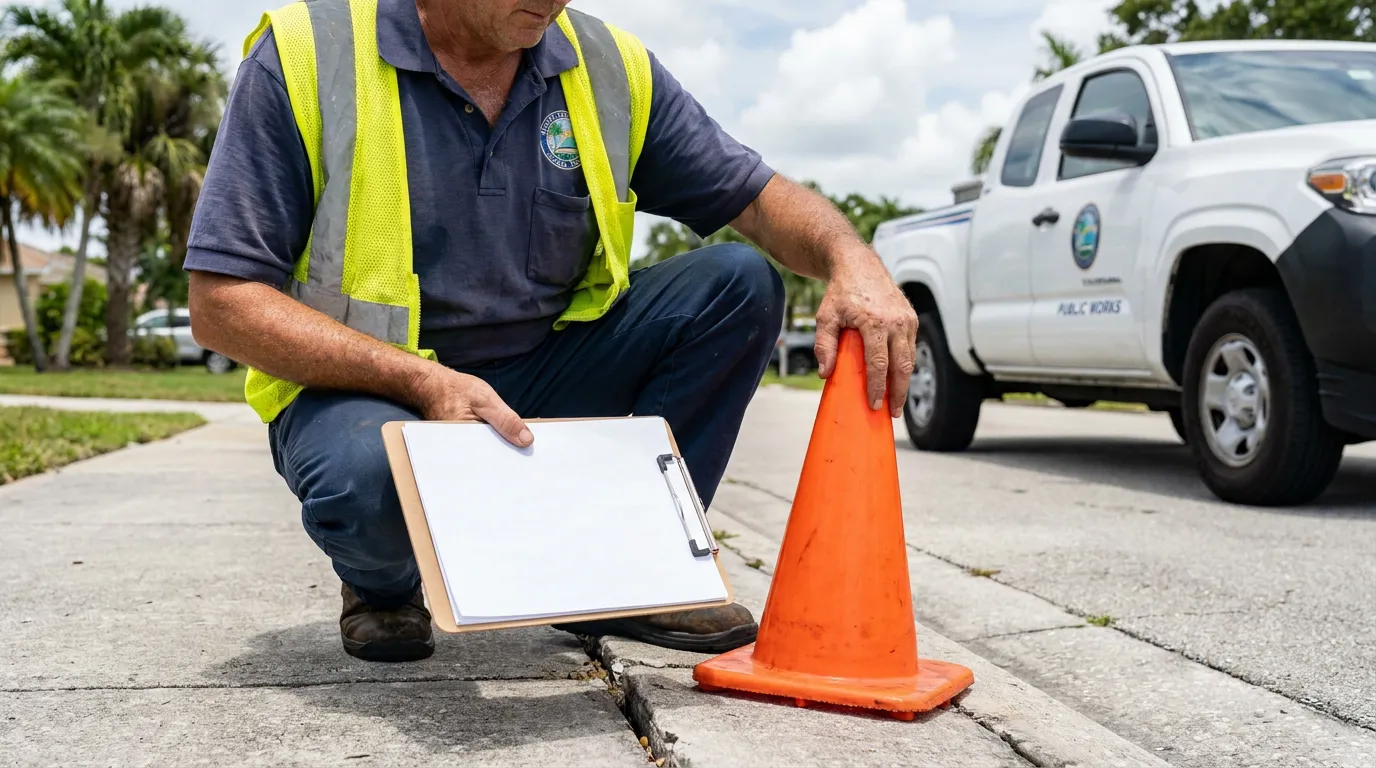 Hollywood Florida Public Works Inspecting Sidewalk Hazard Public Works inspector crouching over cracked sidewalk with clipboard and traffic cone