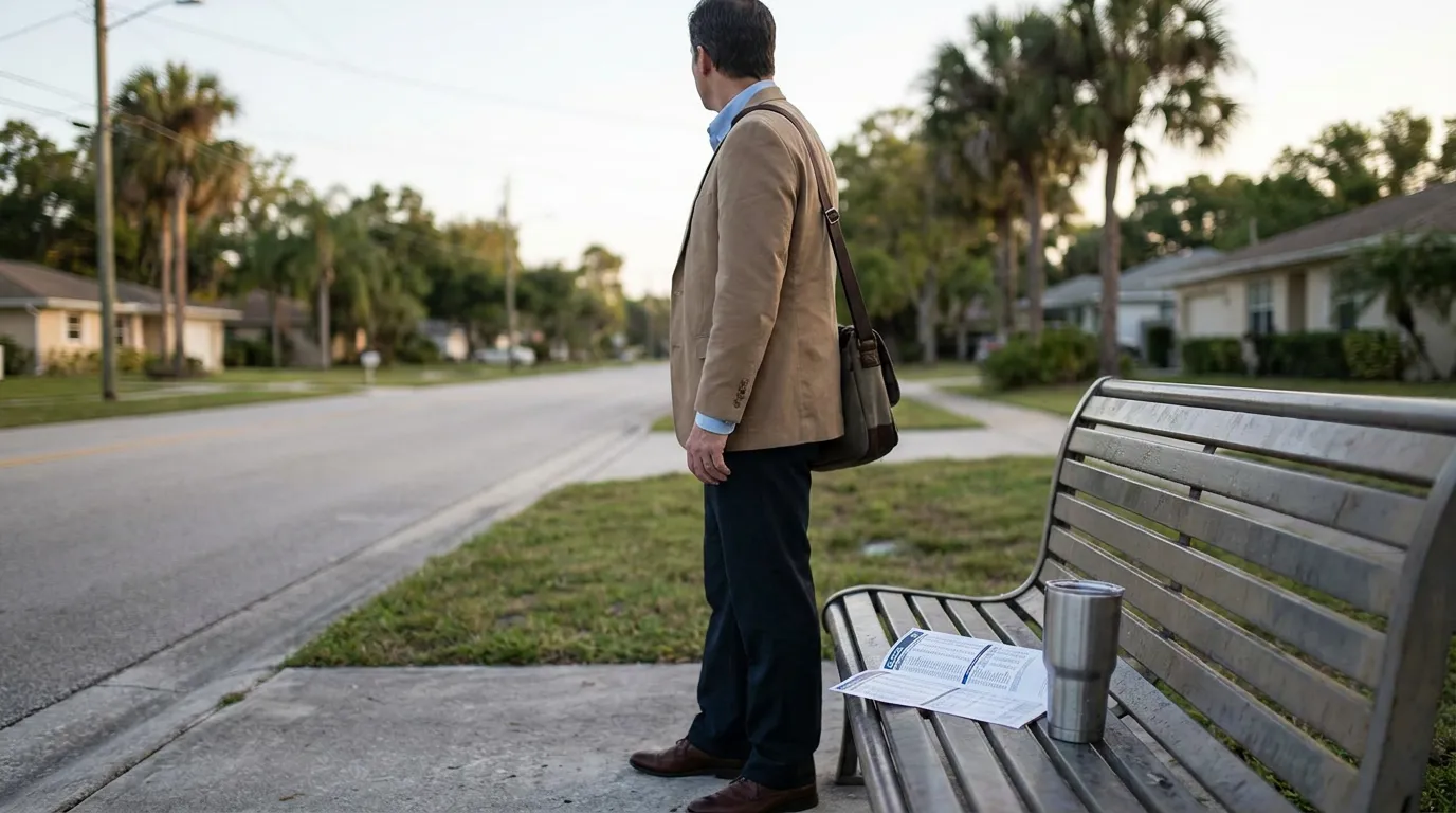 man in blazer standing at roadside bench with documents and travel mug