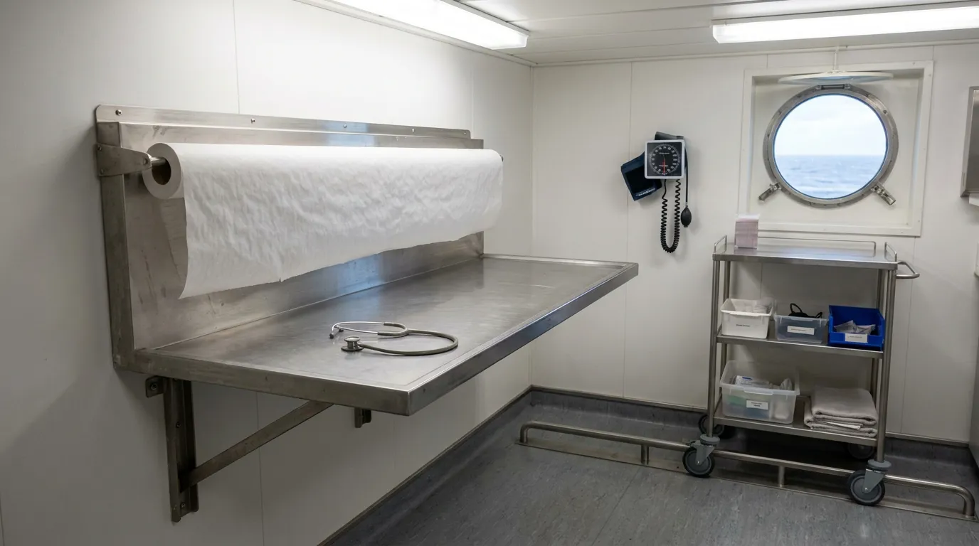 Cruise Ship Medical Room Exam Table ship medical bay with stainless exam table, stethoscope, blood pressure monitor, and porthole