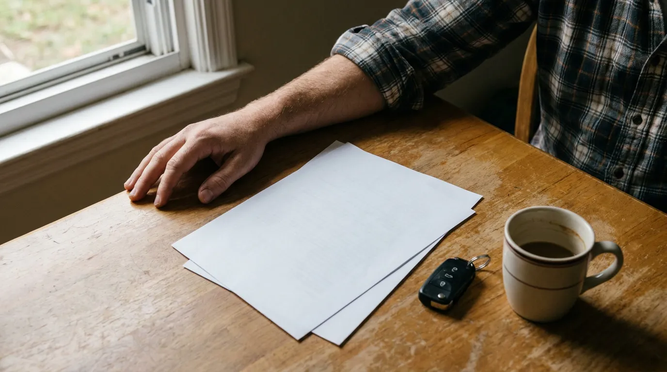 Tallahassee Man Reviewing Totaled Car Loan Documents person resting hand on documents beside car key and coffee mug on wooden table